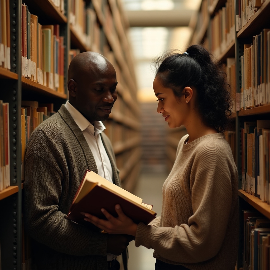 Zwei Personen recherchieren gemeinsam Mietspiegel-Unterlagen in einer Bibliothek