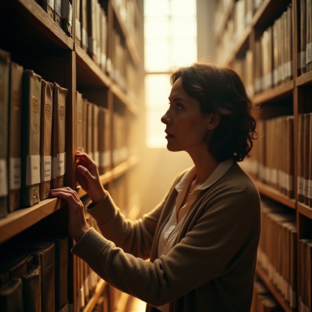 Frau ordnet Aktenordner mit kommunalen Mietspiegel-Dokumenten in einem Archivregal