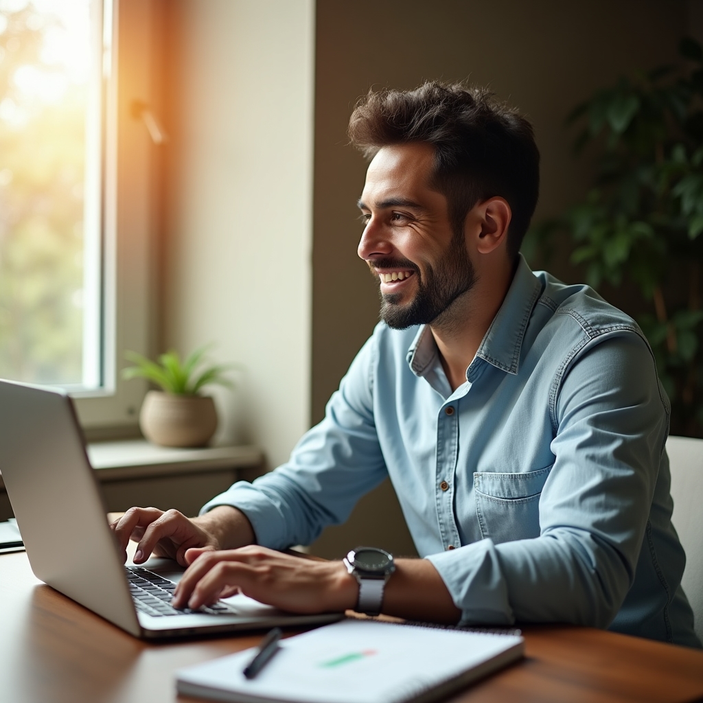 Mann recherchiert am Laptop den Mietspiegel seiner Stadt auf der Webseite der Kommune