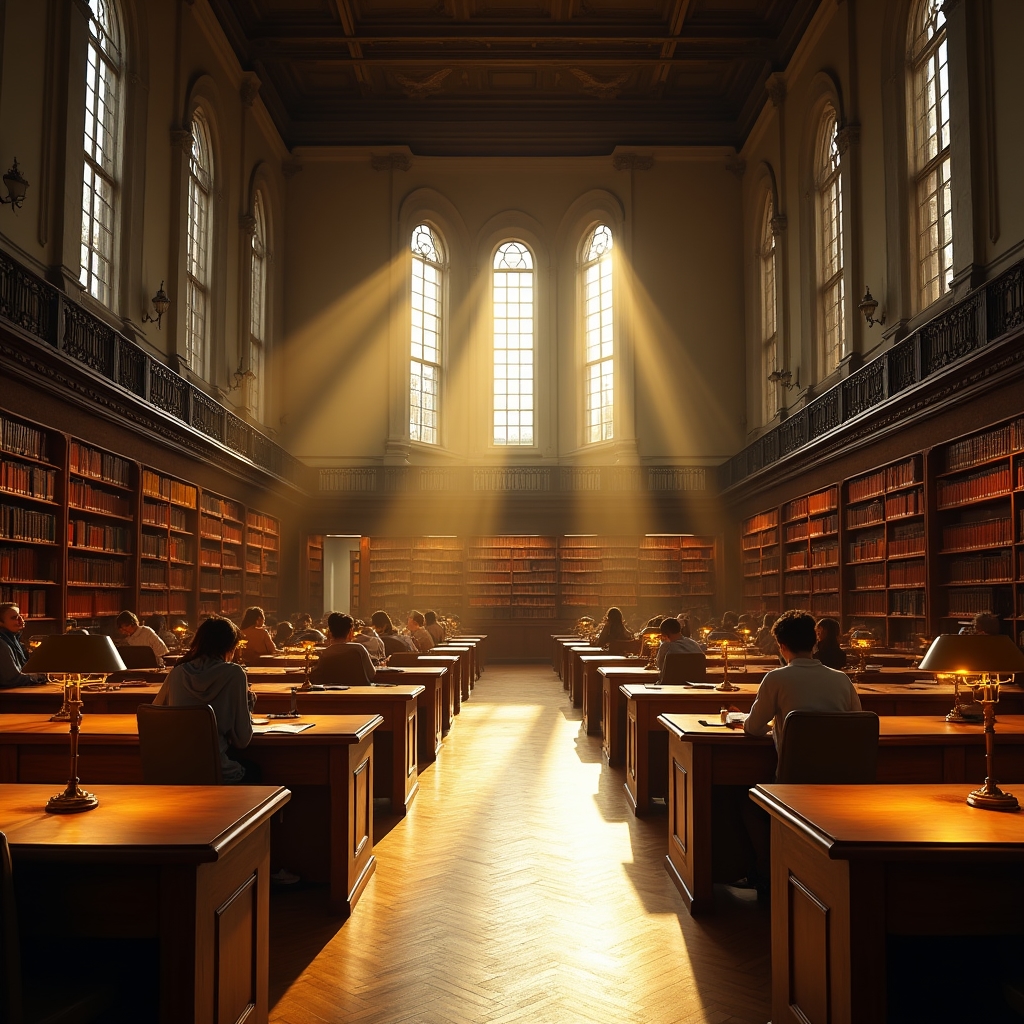 Innenraum einer Stadtbibliothek mit Regalen, Arbeitsplätzen und natürlichem Licht