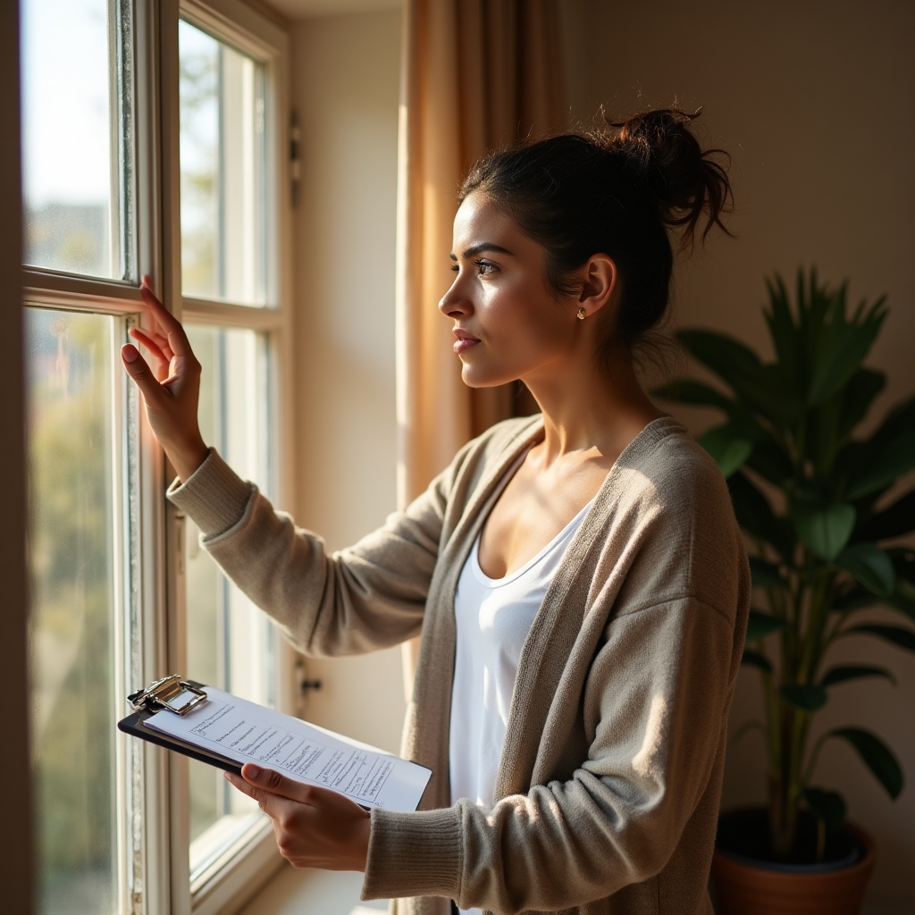 Person geht mit einer Checkliste durch eine Wohnung und notiert Ausstattungsmerkmale